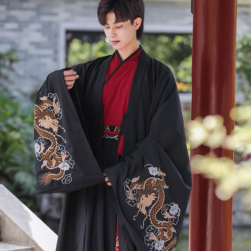 Hanfu draakonimustriga ja suurte varrukatega, puuvillane kangas, meestele 18–24, kõigile aastaajale