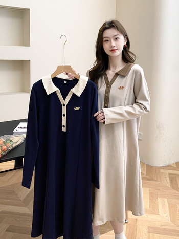 Rasedate kleit polo krae, pikkade varrukatega, puuvillane midi A-liin – sügis 2024, kollaaž/lõikus