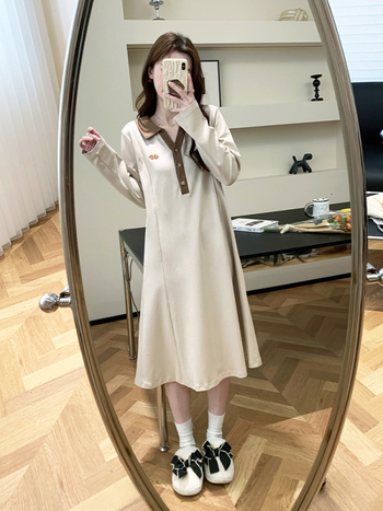 Rasedate kleit polo krae, pikkade varrukatega, puuvillane midi A-liin – sügis 2024, kollaaž/lõikus