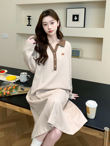 Rasedate kleit polo krae, pikkade varrukatega, puuvillane midi A-liin – sügis 2024, kollaaž/lõikus