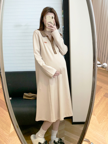 Rasedate kleit polo krae, pikkade varrukatega, puuvillane midi A-liin – sügis 2024, kollaaž/lõikus