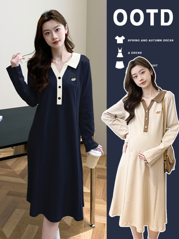 Rasedate kleit polo krae, pikkade varrukatega, puuvillane midi A-liin – sügis 2024, kollaaž/lõikus