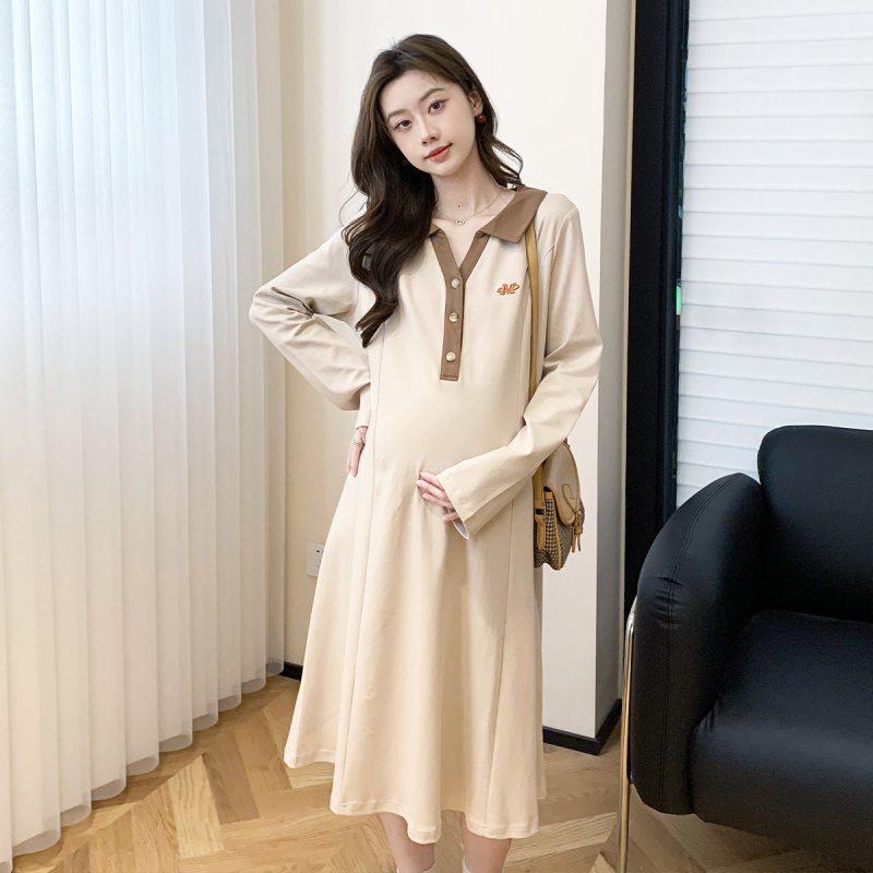 Rasedate kleit polo krae, pikkade varrukatega, puuvillane midi A-liin – sügis 2024, kollaaž/lõikus