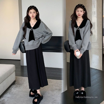 Rasedate kaheosaline kostüüm: seelik ja pikkade varrukatega top, puuvill-poliesteri segu, jaapani-korea igapäevane stiil