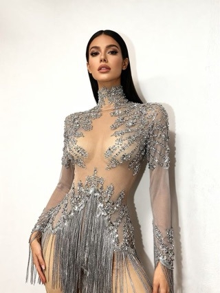 Naiste lavaesine kombinezon kutid ja kristallidega, läbipaistev võrk | Spandex 70-80% (Sügis 2025)