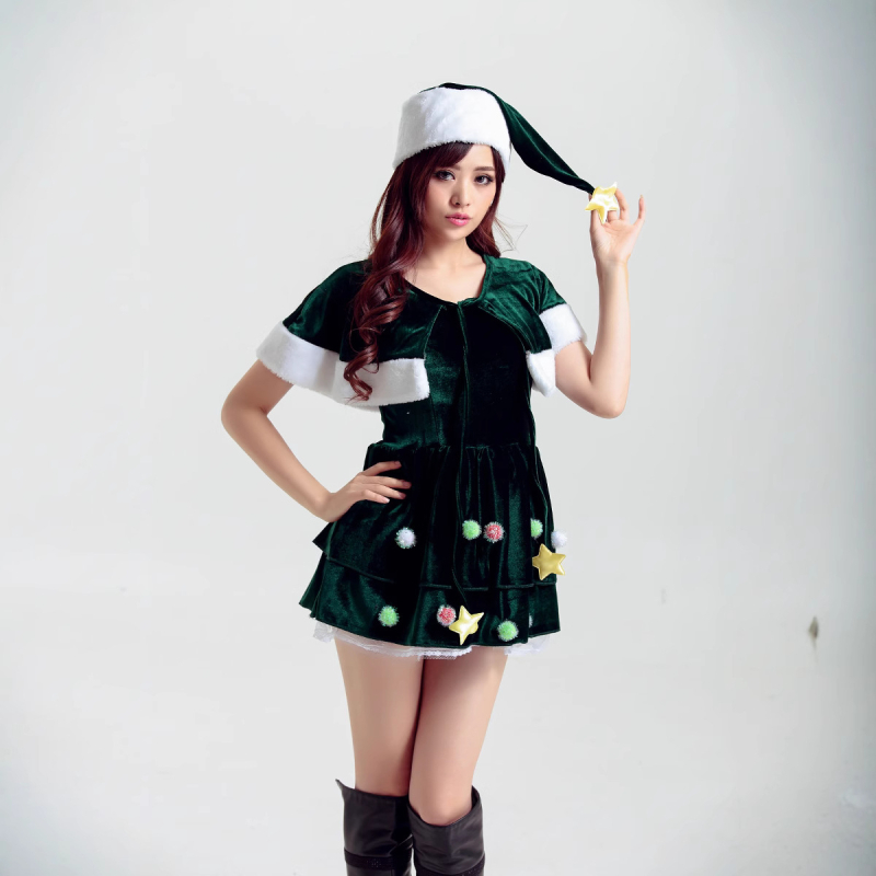 Naistele jõulukostüüm jõulukuuse motiiviga lavale ja maskeradile, polüesterkangas