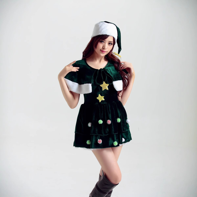 Naistele jõulukostüüm jõulukuuse motiiviga lavale ja maskeradile, polüesterkangas