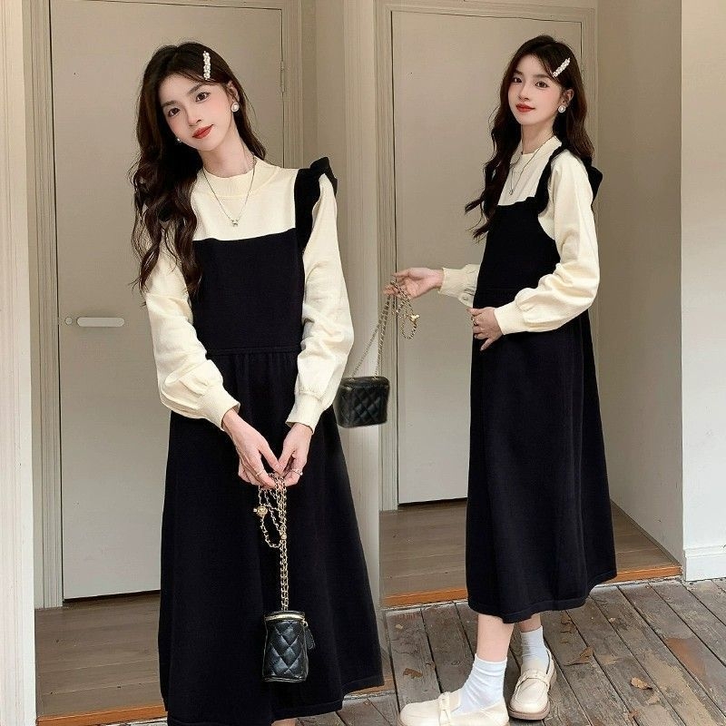 Rasedate kleidide komplekt ümmarguse kaelusega, petalvarrukatega, keskmise pikkusega ebakorraparne seelik, sügisel polüester 90–95%