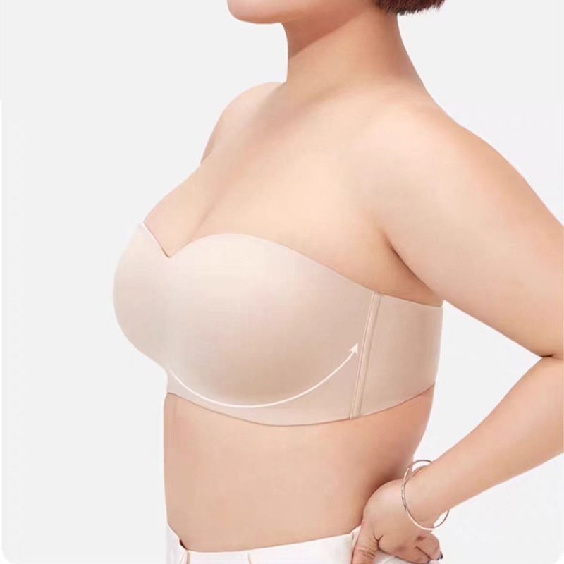 Ilma õla rihmadeta rinnahoidja suurtele rindadele, libisemisvastane hoidmine, õhukesed vormitud kausid, nailonist kangas, eemaldatavad kahekordsed õla rihmad, tagant nelja rea lukustus