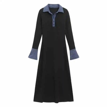 Rasedate kleit polo krae, pikad varrukad, patchwork pikk seelik, ühesvärviline, polüester 50–70% koostis, elegantne igapäevane stiil, 2025 kevad-suve-talv