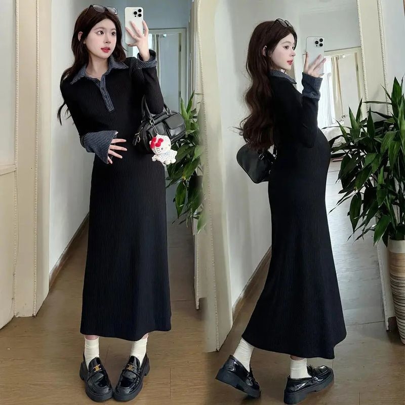 Rasedate kleit polo krae, pikad varrukad, patchwork pikk seelik, ühesvärviline, polüester 50–70% koostis, elegantne igapäevane stiil, 2025 kevad-suve-talv