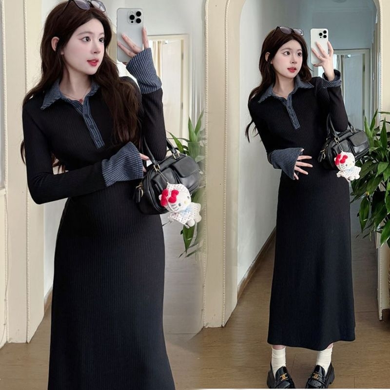 Rasedate kleit polo krae, pikad varrukad, patchwork pikk seelik, ühesvärviline, polüester 50–70% koostis, elegantne igapäevane stiil, 2025 kevad-suve-talv