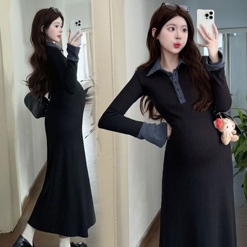 Rasedate kleit polo krae, pikad varrukad, patchwork pikk seelik, ühesvärviline, polüester 50–70% koostis, elegantne igapäevane stiil, 2025 kevad-suve-talv