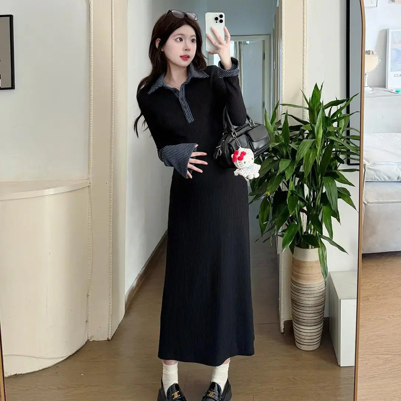 Rasedate kleit polo krae, pikad varrukad, patchwork pikk seelik, ühesvärviline, polüester 50–70% koostis, elegantne igapäevane stiil, 2025 kevad-suve-talv