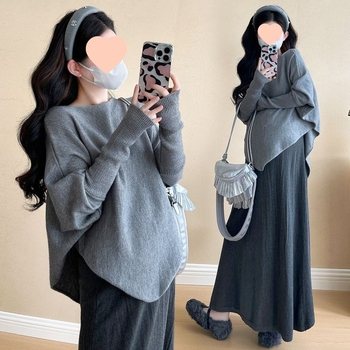 Rasedate komplekt: pikkade varrukatega kootud džemper + seelik, polüester 90–95%, talv 2025, Korea lõdva stiiliga