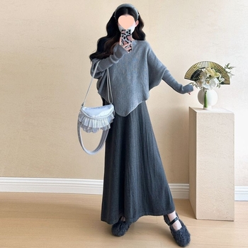 Rasedate komplekt: pikkade varrukatega kootud džemper + seelik, polüester 90–95%, talv 2025, Korea lõdva stiiliga