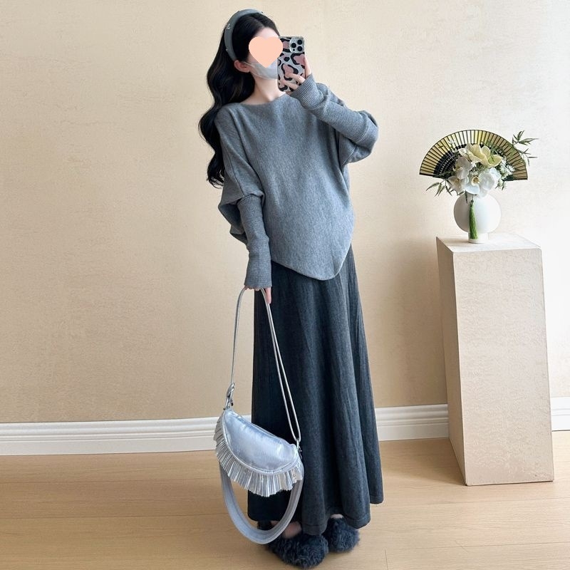 Rasedate komplekt: pikkade varrukatega kootud džemper + seelik, polüester 90–95%, talv 2025, Korea lõdva stiiliga