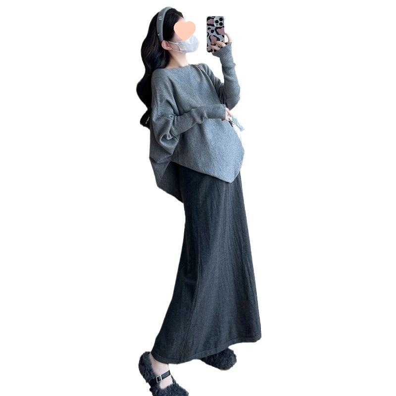 Rasedate komplekt: pikkade varrukatega kootud džemper + seelik, polüester 90–95%, talv 2025, Korea lõdva stiiliga