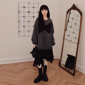 Kleit - ümmargune kaelus, pikad varrukad, patchwork mini seelik, viskoosi-spandeksi segu, lõngaga-dyed - jaapani-korea vabaajastiil