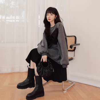 Kleit - ümmargune kaelus, pikad varrukad, patchwork mini seelik, viskoosi-spandeksi segu, lõngaga-dyed - jaapani-korea vabaajastiil