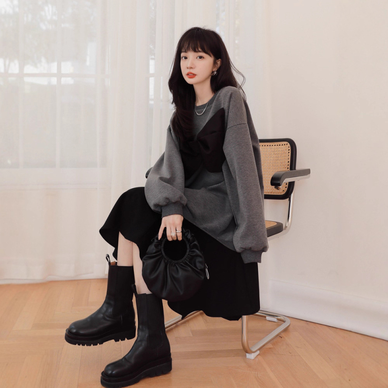 Kleit - ümmargune kaelus, pikad varrukad, patchwork mini seelik, viskoosi-spandeksi segu, lõngaga-dyed - jaapani-korea vabaajastiil