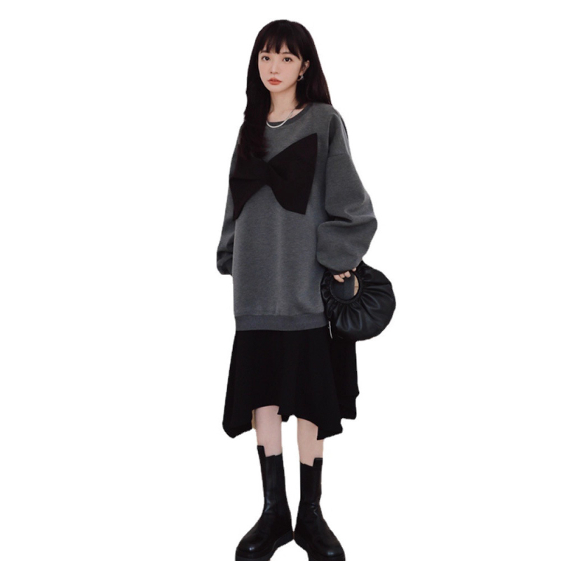 Kleit - ümmargune kaelus, pikad varrukad, patchwork mini seelik, viskoosi-spandeksi segu, lõngaga-dyed - jaapani-korea vabaajastiil