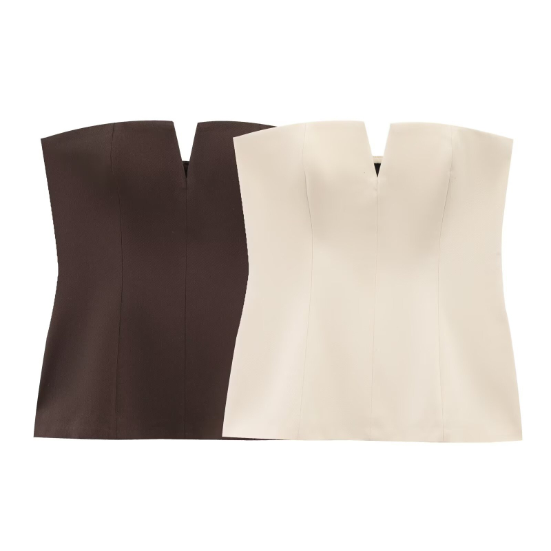 Tube Top naistele, Euroopa stiilis, ilma õlgadeta väikese V-kaelusega ja välja lõigatud detailiga, kitsas lõige — suvi 2025; polüesterkangas; polüestri sisaldus 30–50%; tänav hipster stiil; naistele