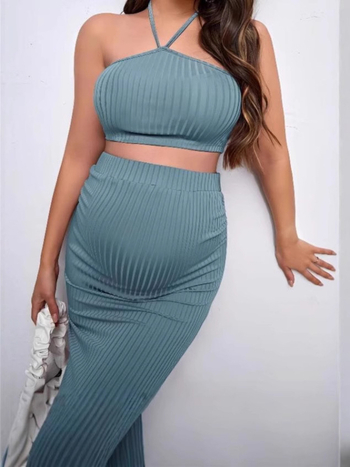 Rasedate komplekt: halterneck top ribatud kudum ja pliiatsseelik, varrukateta, reguleeritav vöö, ühevärviline