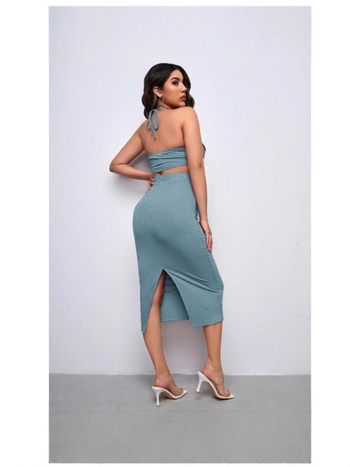 Rasedate komplekt: halterneck top ribatud kudum ja pliiatsseelik, varrukateta, reguleeritav vöö, ühevärviline