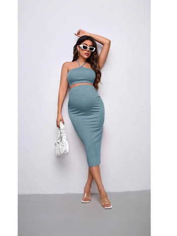 Rasedate komplekt: halterneck top ribatud kudum ja pliiatsseelik, varrukateta, reguleeritav vöö, ühevärviline