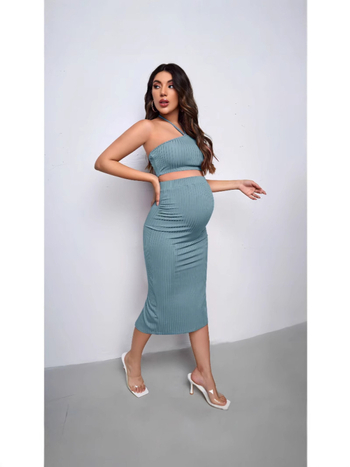 Rasedate komplekt: halterneck top ribatud kudum ja pliiatsseelik, varrukateta, reguleeritav vöö, ühevärviline