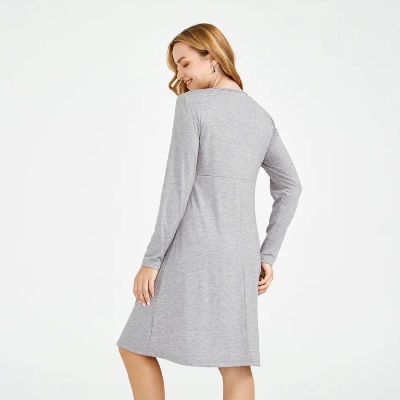 Rasedate kleit imetamisavaga, pikkade varrukatega, ümmarguse kaelusega, A-tüüpi midi pikkus, polüester-elastsaani segu