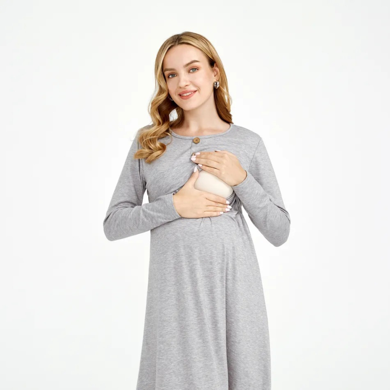 Rasedate kleit imetamisavaga, pikkade varrukatega, ümmarguse kaelusega, A-tüüpi midi pikkus, polüester-elastsaani segu