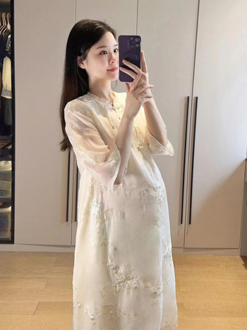 Rasedate kleit Hiina stiilis rikkaliku tikandiga, üle põlve pikkus, 3/4 varrukad, polüester