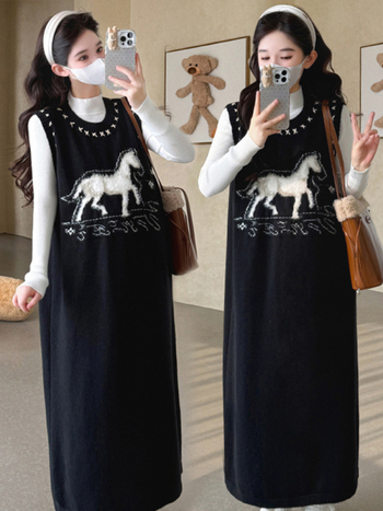 Korealise stiiliga rasedate komplekt: jacquard-kootud kleit ja vestiga, pikkade varrukatega ja aluskiht, sügis 2025