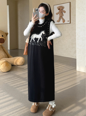 Korealise stiiliga rasedate komplekt: jacquard-kootud kleit ja vestiga, pikkade varrukatega ja aluskiht, sügis 2025