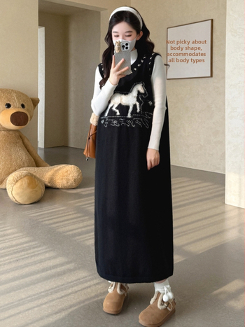 Korealise stiiliga rasedate komplekt: jacquard-kootud kleit ja vestiga, pikkade varrukatega ja aluskiht, sügis 2025