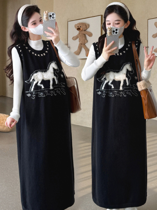 Korealise stiiliga rasedate komplekt: jacquard-kootud kleit ja vestiga, pikkade varrukatega ja aluskiht, sügis 2025