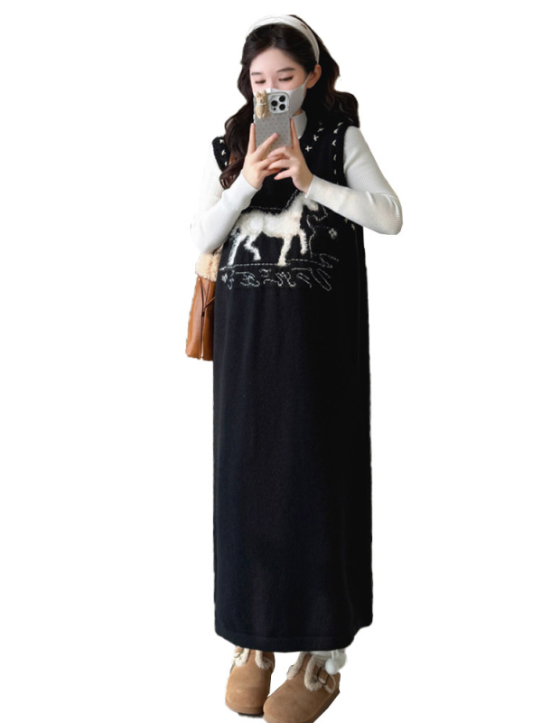 Korealise stiiliga rasedate komplekt: jacquard-kootud kleit ja vestiga, pikkade varrukatega ja aluskiht, sügis 2025