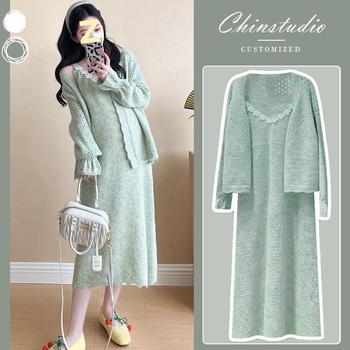 Rasedate kaheosaline komplekt: kudumõrd kleit kevad-sügis, seene kujuline kaelus, pikad varrukad, Chenille kangas, peamise kanga sisaldus 30–50%, printsessi varrukad, seeliku pikkus, kirjanduslik retro stiil, kevad 2025