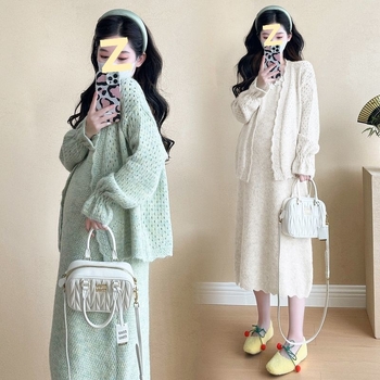 Rasedate kaheosaline komplekt: kudumõrd kleit kevad-sügis, seene kujuline kaelus, pikad varrukad, Chenille kangas, peamise kanga sisaldus 30–50%, printsessi varrukad, seeliku pikkus, kirjanduslik retro stiil, kevad 2025