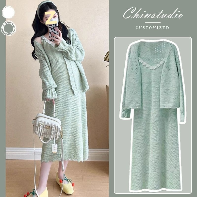 Rasedate kaheosaline komplekt: kudumõrd kleit kevad-sügis, seene kujuline kaelus, pikad varrukad, Chenille kangas, peamise kanga sisaldus 30–50%, printsessi varrukad, seeliku pikkus, kirjanduslik retro stiil, kevad 2025