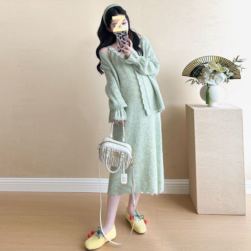 Rasedate kaheosaline komplekt: kudumõrd kleit kevad-sügis, seene kujuline kaelus, pikad varrukad, Chenille kangas, peamise kanga sisaldus 30–50%, printsessi varrukad, seeliku pikkus, kirjanduslik retro stiil, kevad 2025