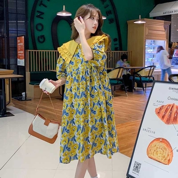 Rasedate jaoks vabast kleit lotose lehe kaelusega, puff-sangadega, midi pikkus, ebakorrapärase lõikega seelik trükiga