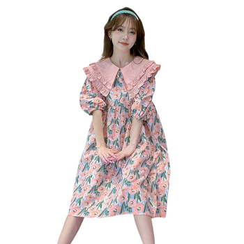 Rasedate jaoks vabast kleit lotose lehe kaelusega, puff-sangadega, midi pikkus, ebakorrapärase lõikega seelik trükiga