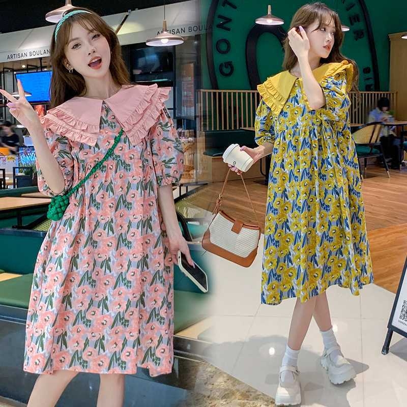 Rasedate jaoks vabast kleit lotose lehe kaelusega, puff-sangadega, midi pikkus, ebakorrapärase lõikega seelik trükiga