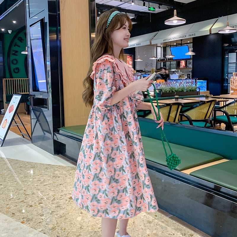 Rasedate jaoks vabast kleit lotose lehe kaelusega, puff-sangadega, midi pikkus, ebakorrapärase lõikega seelik trükiga