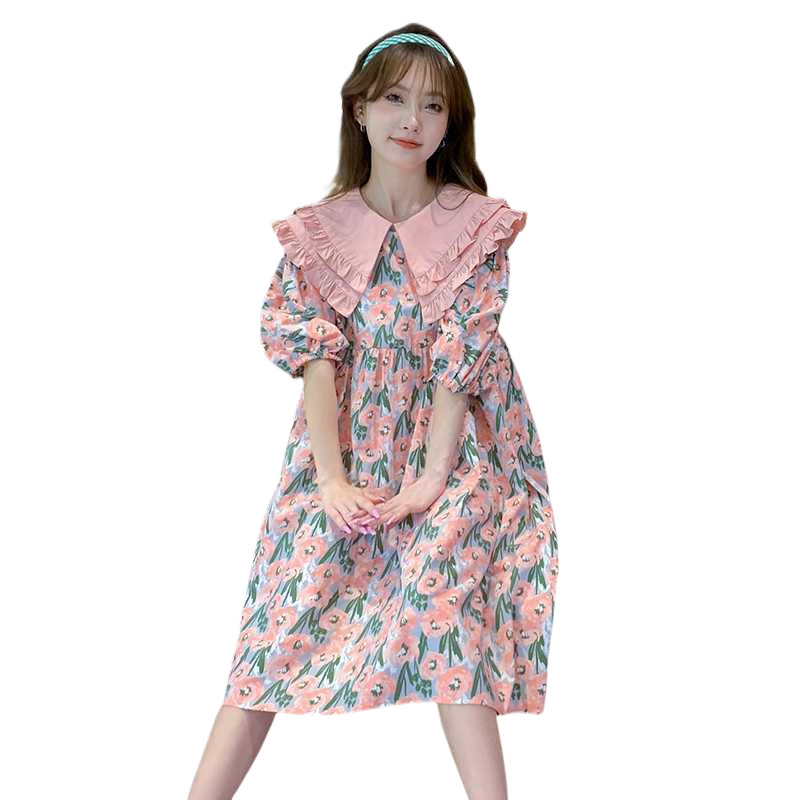 Rasedate jaoks vabast kleit lotose lehe kaelusega, puff-sangadega, midi pikkus, ebakorrapärase lõikega seelik trükiga