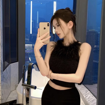 Naiste plüüs halterneck top, Sling stiil, kitsas lõige, lühike pikkus, polüester, mikroelasticus