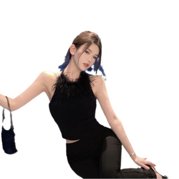 Naiste plüüs halterneck top, Sling stiil, kitsas lõige, lühike pikkus, polüester, mikroelasticus